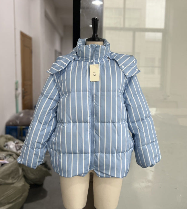 Warm Stand Collar Striped Hooded Cotton Coat Jacket