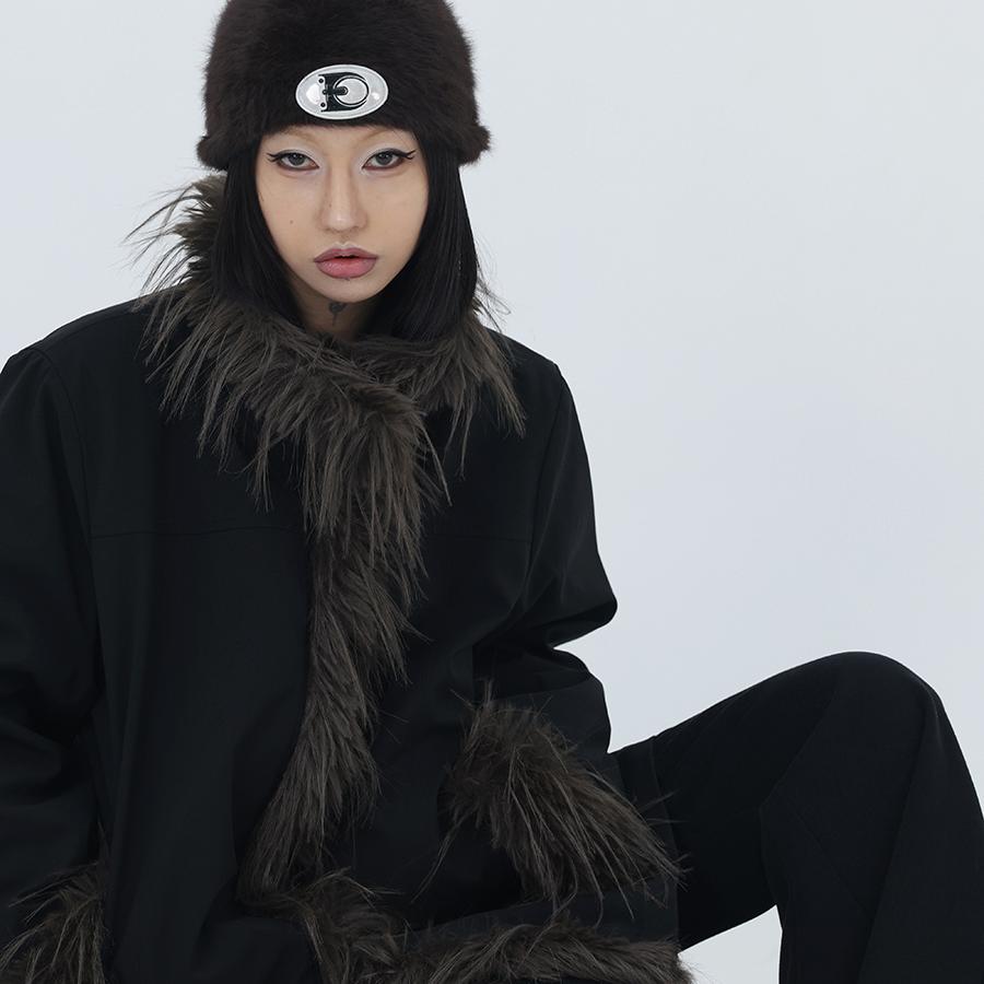 Female Plush Inner Stand Collar Black Cotton Jacket