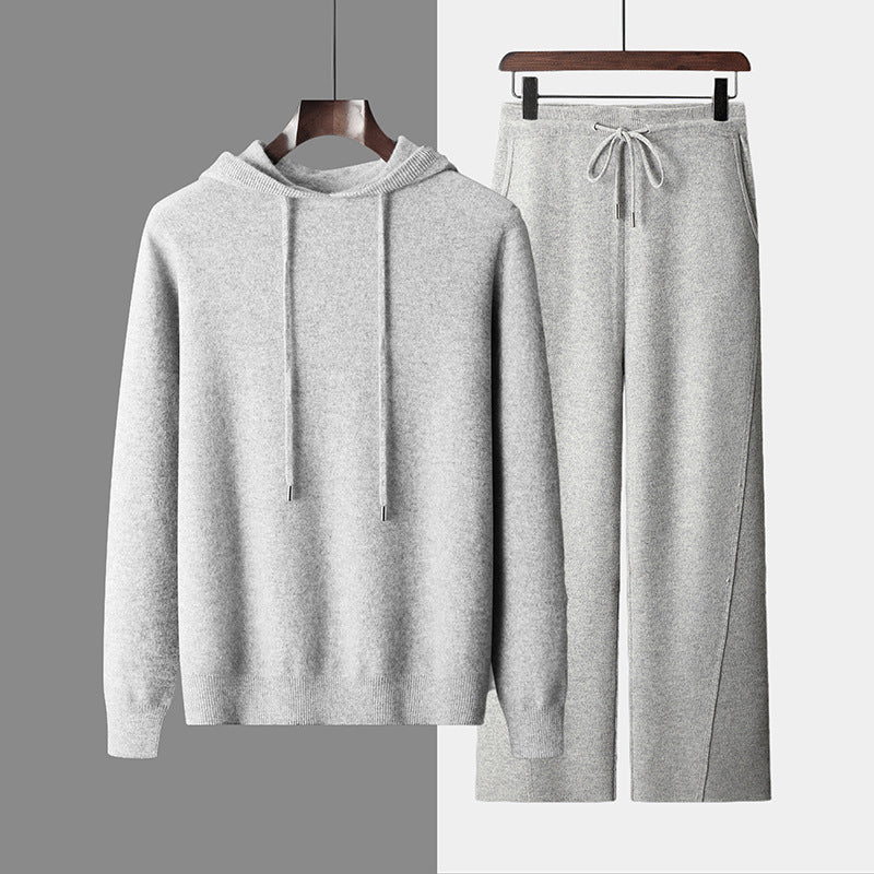 Seamless Hoodie Pure Wool Men's Knitted Pants With Drawstring Two-piece Set