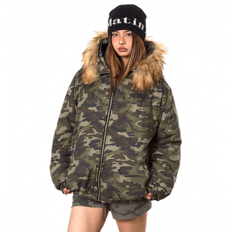 American Retro Heavy Big Fur Collar Hooded Camouflage Cotton Jacket