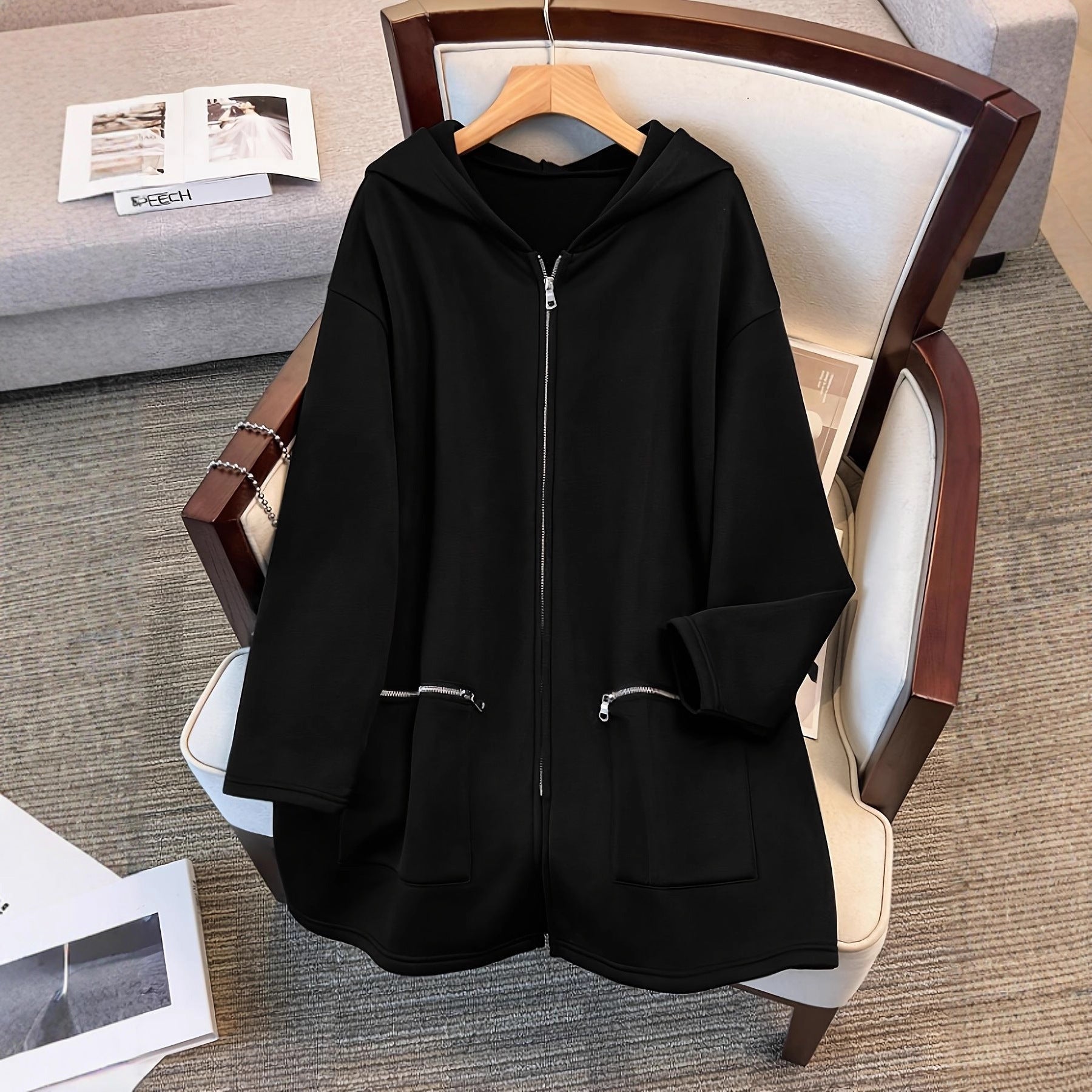Plus-size Retro-chic Casual Sporty Hoodie For Fallwinter Loose-fitting