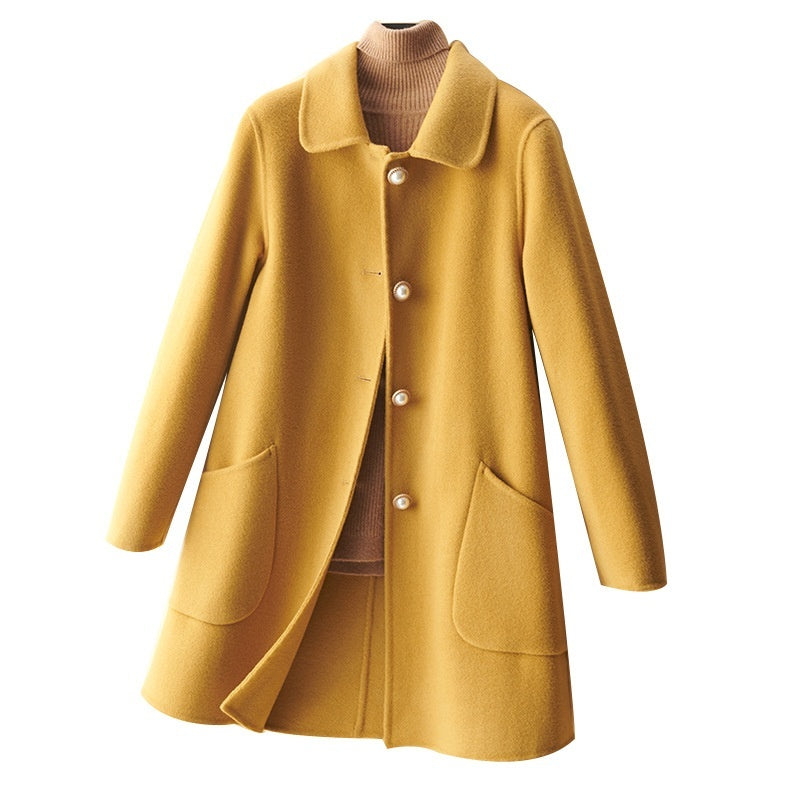 Wool Pearl Buckle Double-faced Woolen Goods Women's Doll Collar Mid-length Coat