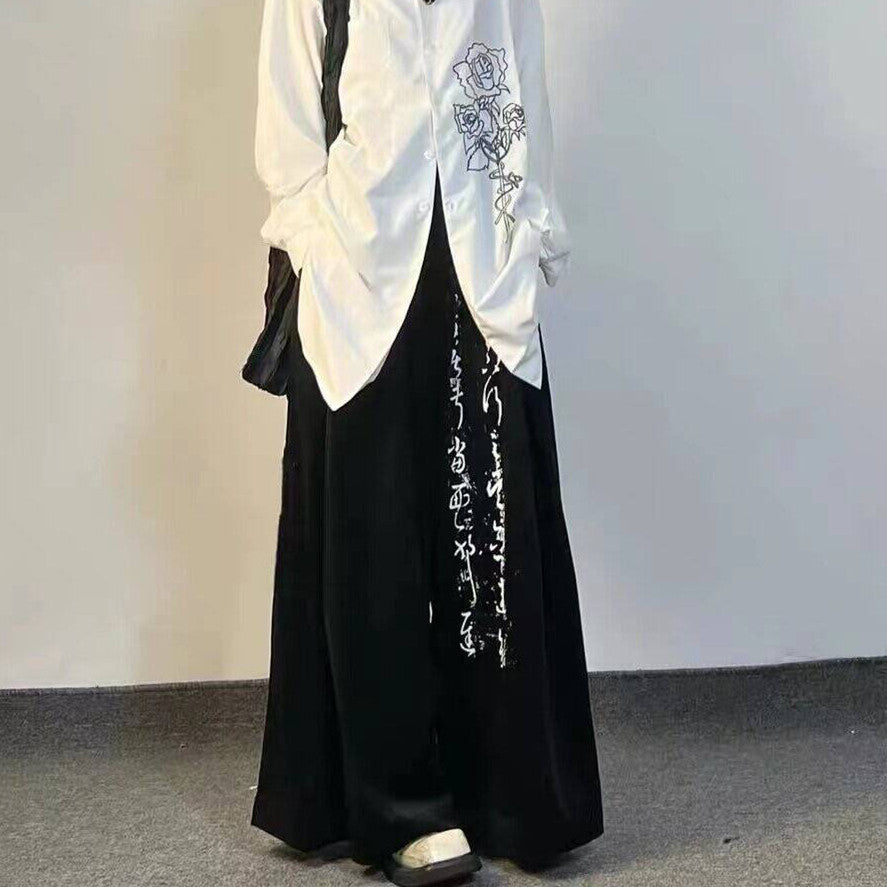 Chinese Retro Calligraphy Printing Drooping Wide-leg Pants Unisex Style