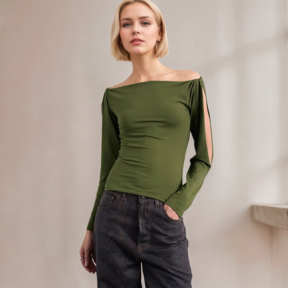 Women's Knit Top With A Boat Neckline Off-the-shoulder Design Long Sleeves Personalized Hollow-out Detailing And Twisted Cuff Accents For A Figure-hugging Fit