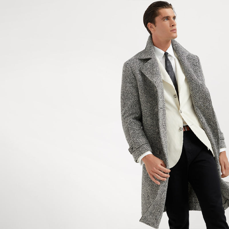 Men's Mid-length Double-breasted Tweed Overcoat