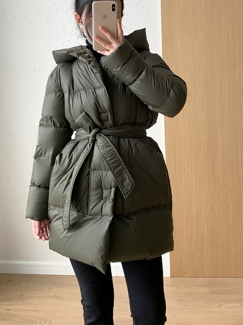 White Duck Down Coat Women's Mid-length Fashionable Tie-waist Thickened Puffer Jacket