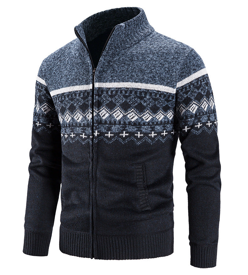 Velvet Thickening Sweater Men's Stand Collar Assorted Colors Retro Jacquard Knitted Cardigan