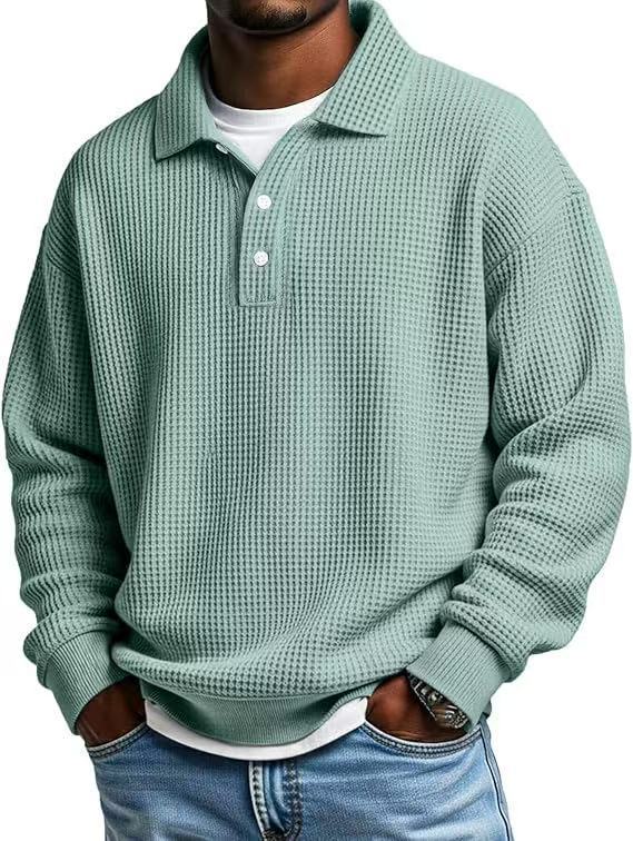 Men's Waffle-Knit Polo Shirt, Retro Solid-Color Top