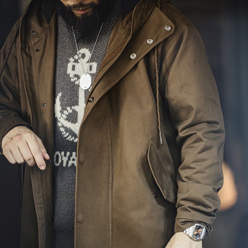 Military Style Brushed Fleece Hooded Windbreaker Loose Pure Cotton Mid-length Coat For Men Autumn