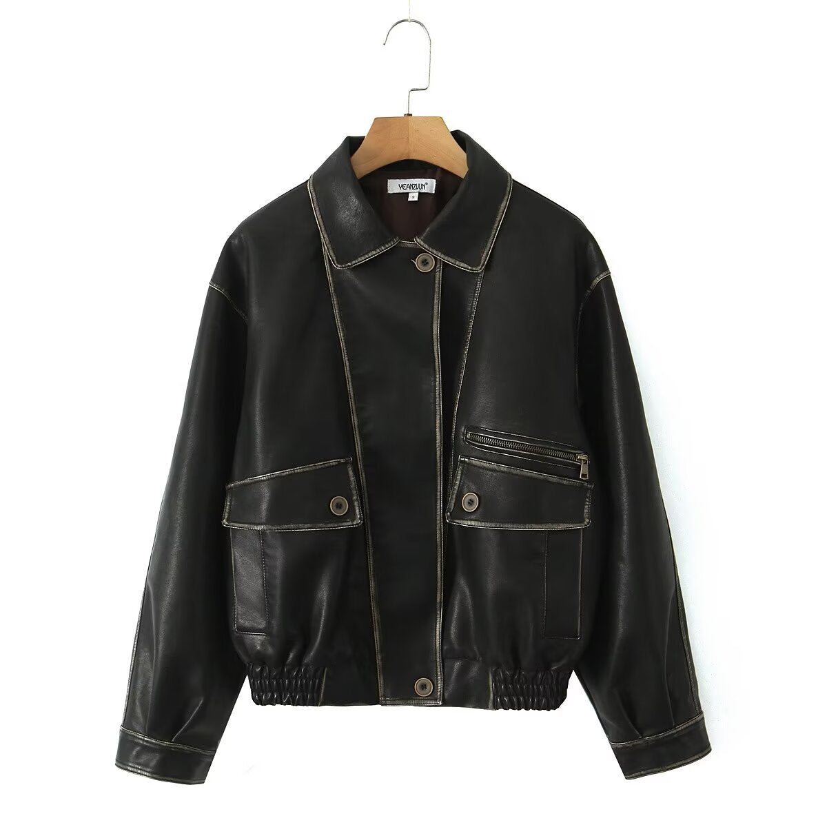 American Retro Asymmetric Colored Leather Distressed Casual Polo Collar Short PU Leather Jacket