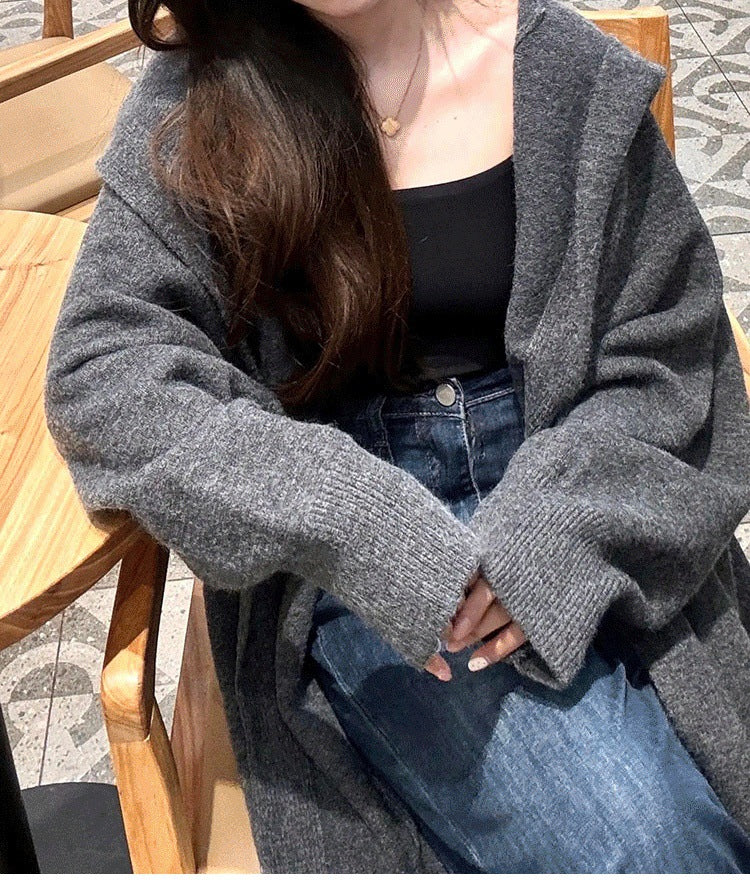 Korean Style Idle Style Hooded Long Below The Knee Knitted Cardigan For Women