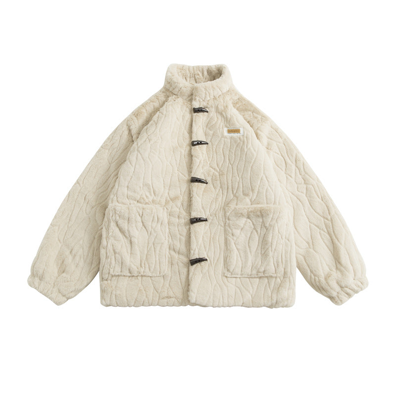 Solid Color Age-reducing Plush Coat Rabbit Fur Horn Button Cotton-padded Coat