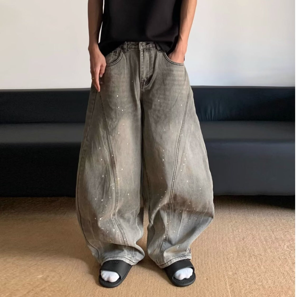 Retro Washed Smoky Gray Splash-ink Jeans For Men