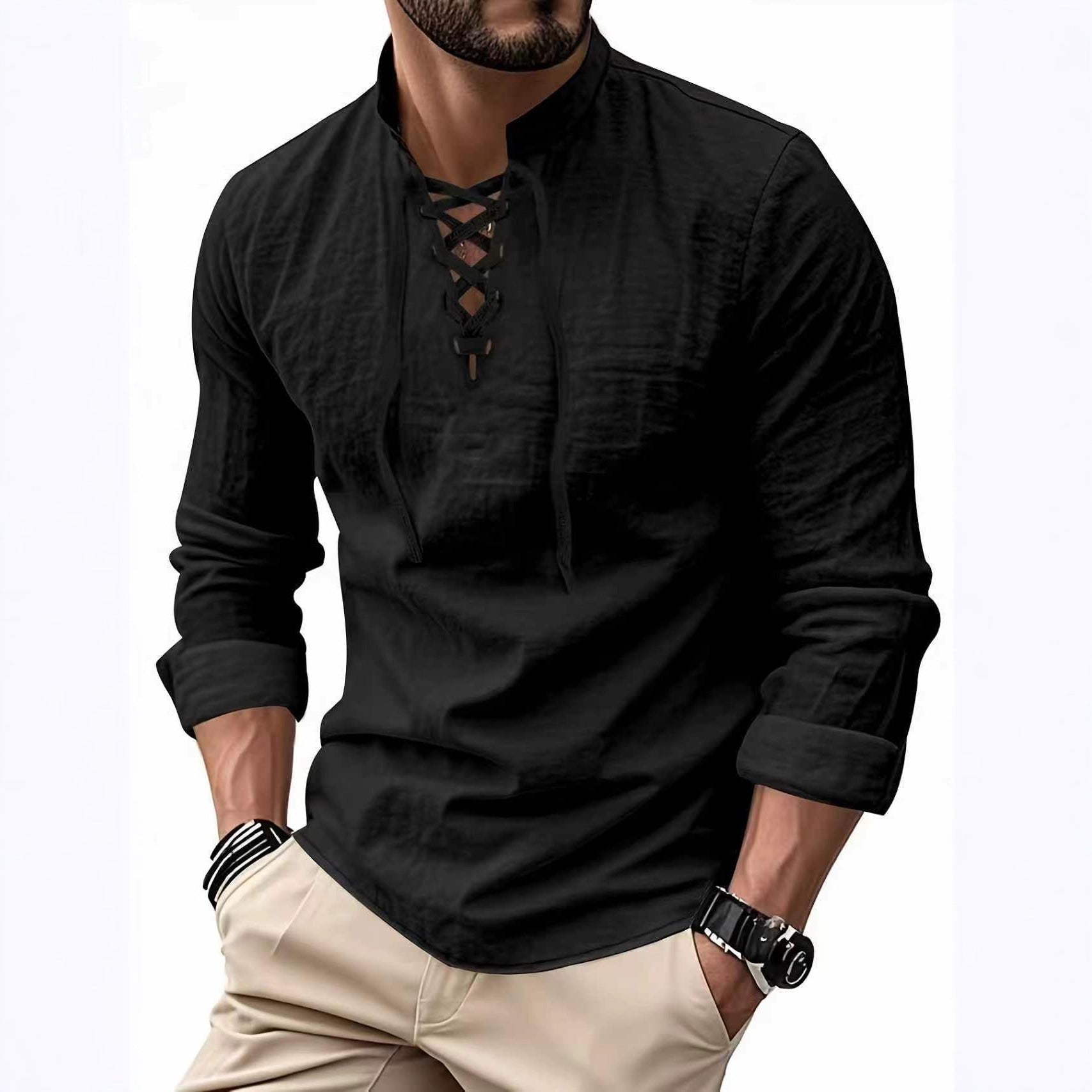 Long-sleeve Cotton-linen Open-chest Drawstring Shirt Men's Shirt Polo Shirt