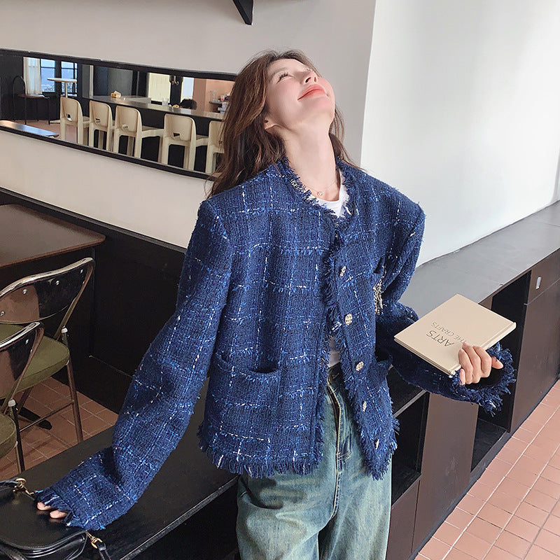 High-grade Retro Blue Coat Niche Tassel Jacket