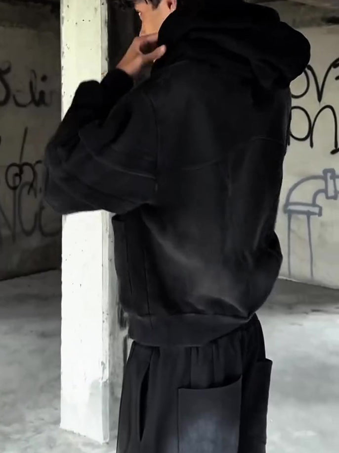 Black Structural Panel Cropped Hoodie