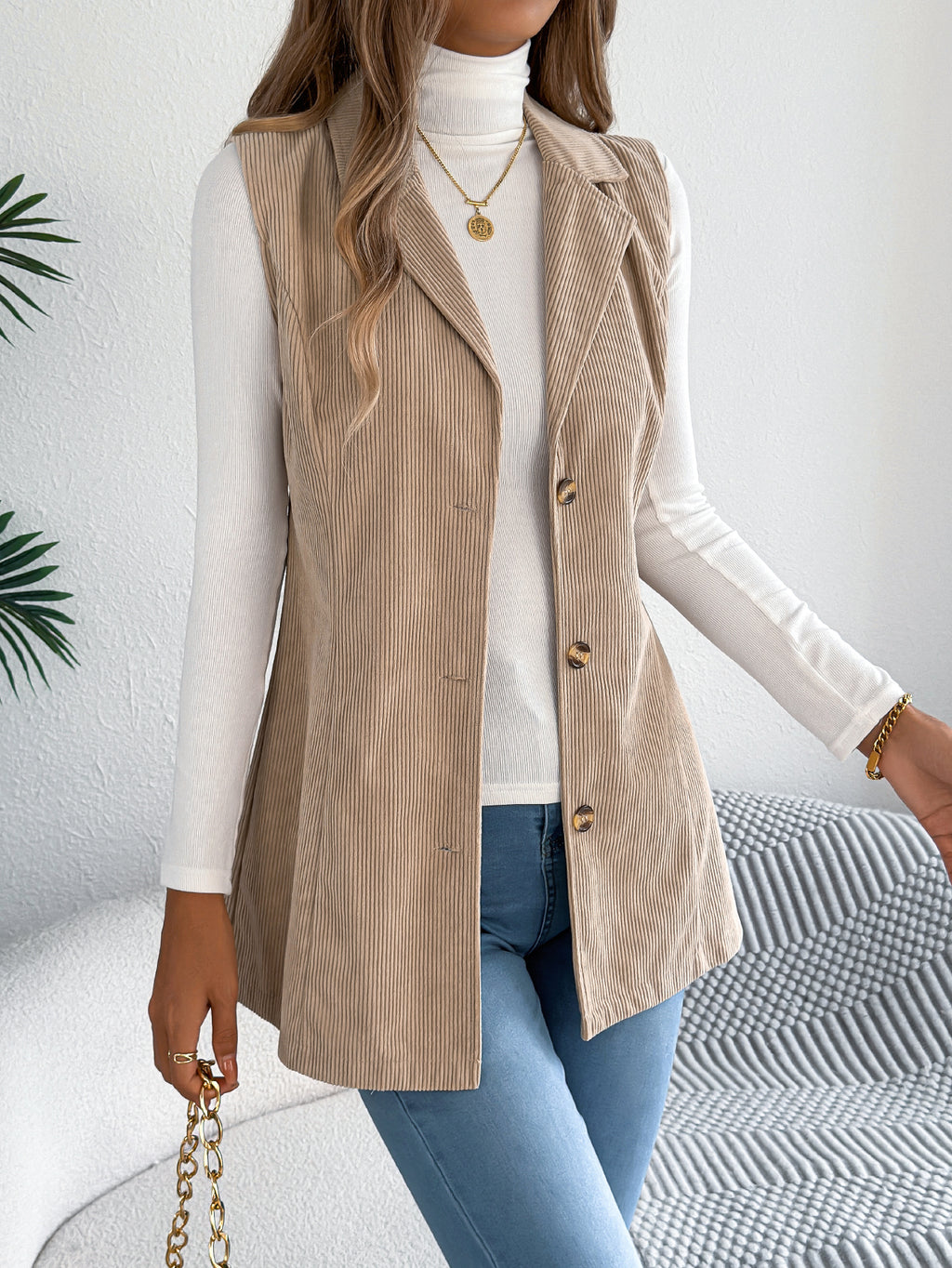 Women's Casual Single-Breasted Blazer Lapel Corduroy Vest Jacket