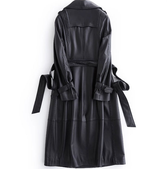 Black Long Tie Double Breasted Leather Wind Coat