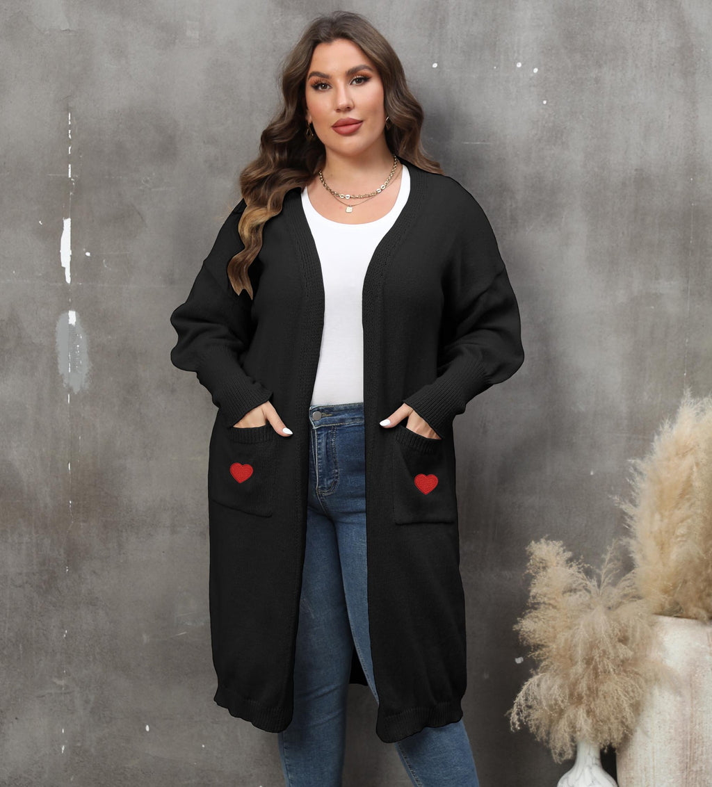Women's Plus Size Mid-length Woven Love Double Pocket Lantern Sleeve Sweater Cardigan