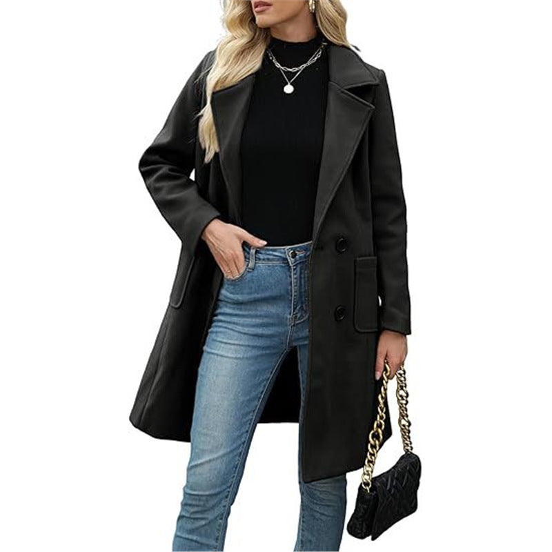 Winter Korean Style Slim Mid-length Double Breasted Turn-down Collar Coat