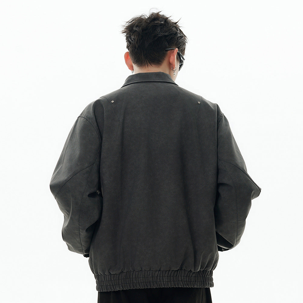 Men's Loose Casual Polo Collar Leather Coat