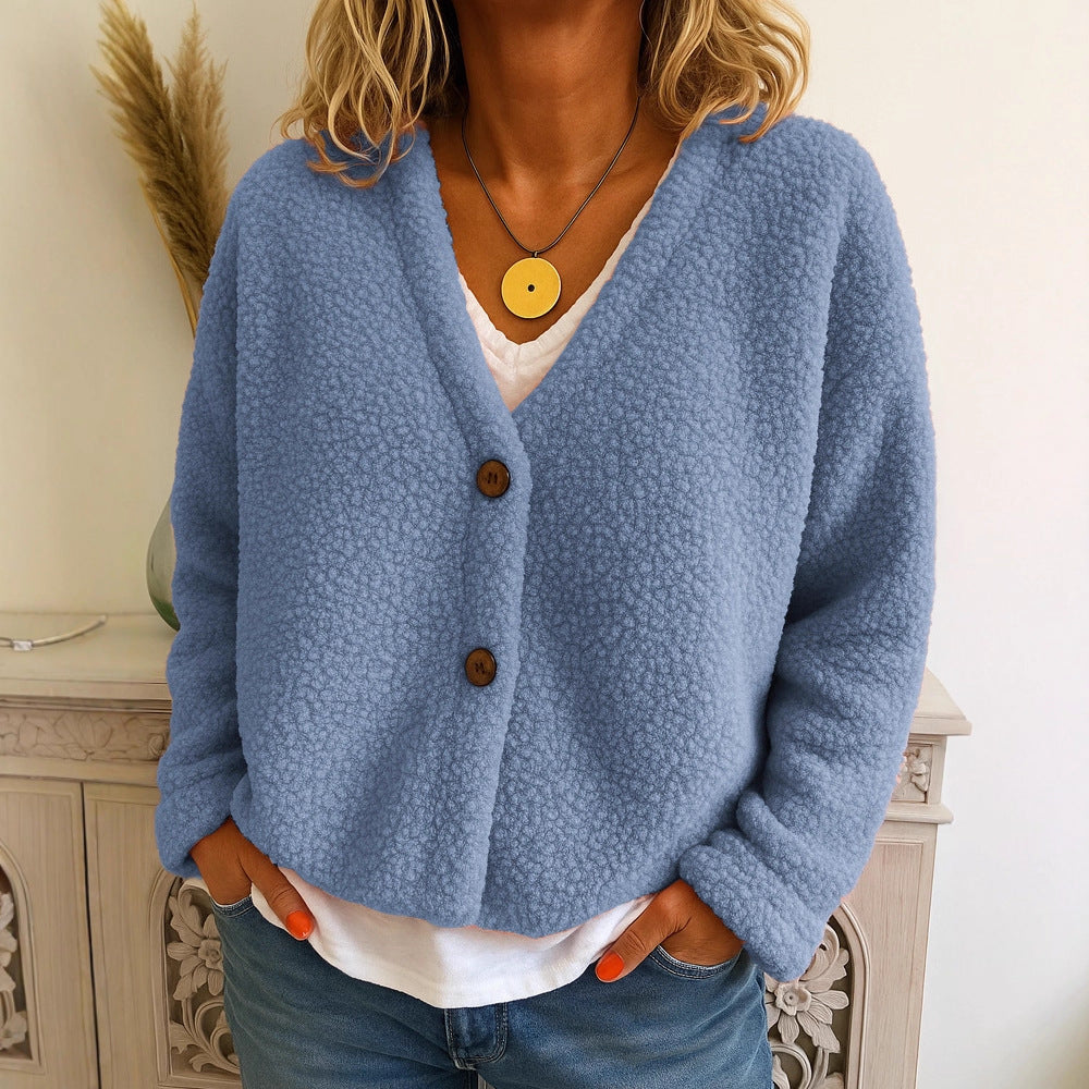 Casual V-neck Long Sleeve Cardigan Solid Color Fleece Button Coat