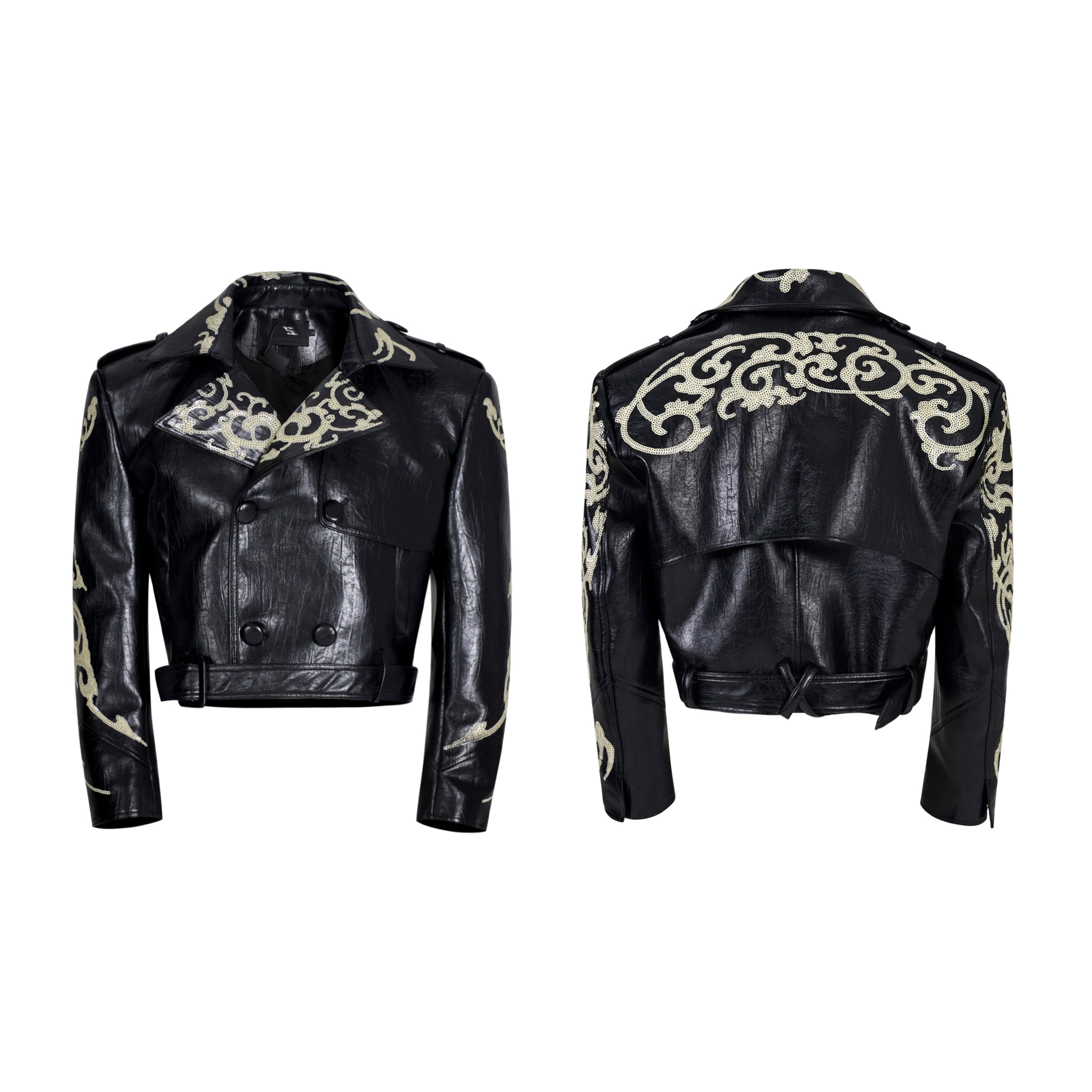 Lapel Pu Handsome Sequins Cropped Leather Coat Men