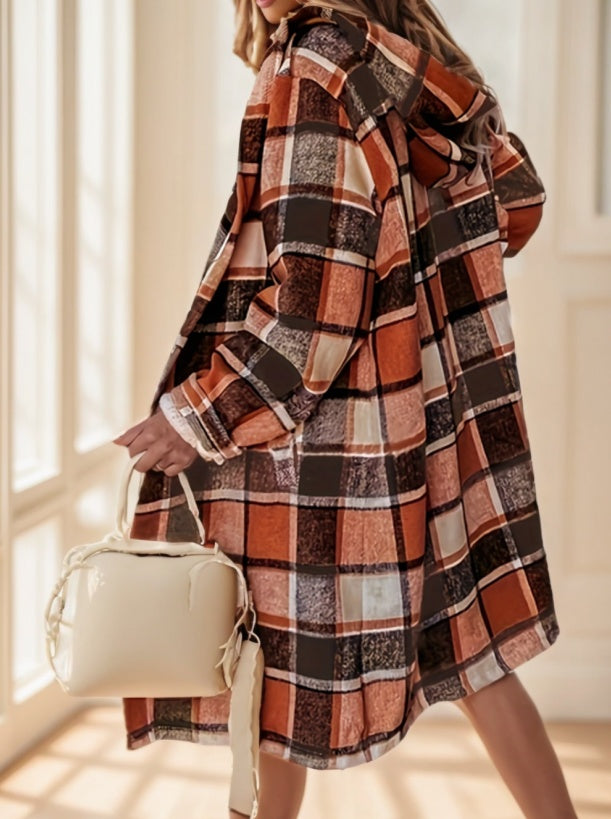 Women's Plaid Hooded Coat With Pocket Detail