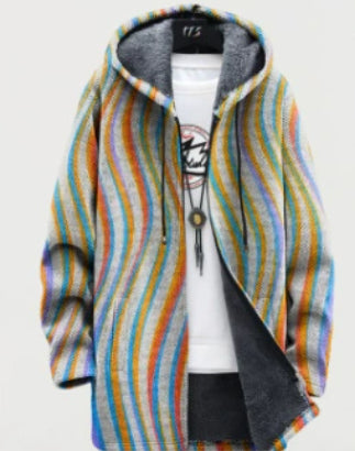 Men's Coat Winter Print Plush Lining Thick Windproof Jacket Long Sleeve Zipper