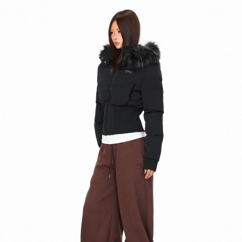 Printed Fur-collar Hooded Cotton Coat Women's Winter American Slim Fit