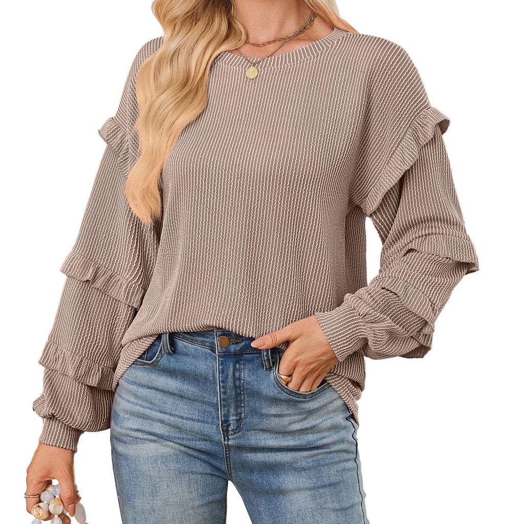 Casual Loose-fit Crew Neck T-shirt With Lantern Sleeves And Ruffled Hem