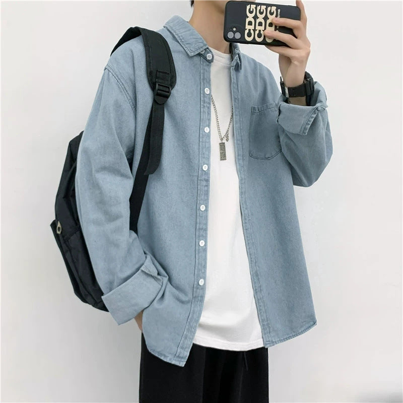 New Hong Kong Style Handsome Design Blue Denim Long Sleeve Shirt