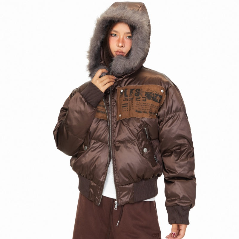 Personality Patch Fur Collar Hooded Cotton Coat Women's Winter American Style