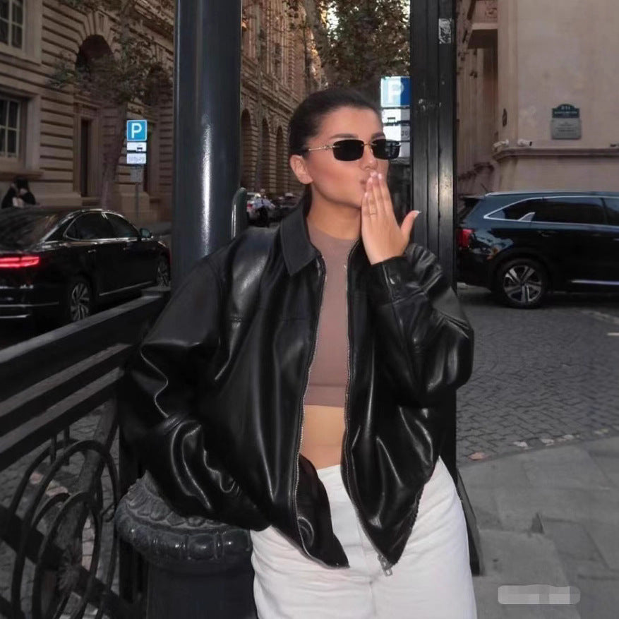 Versatile Faux-leather Bomber Jacket