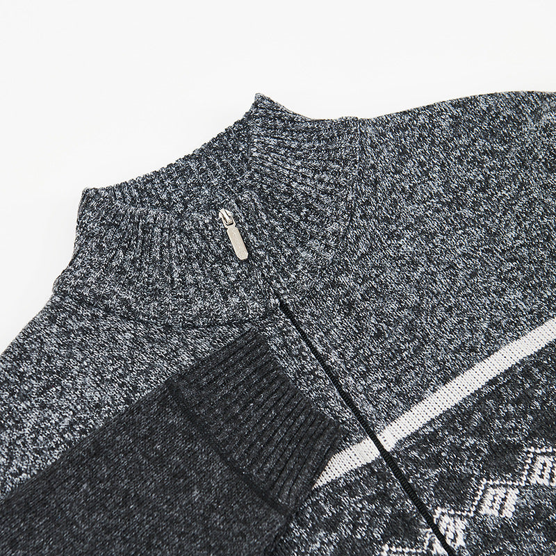 Velvet Thickening Sweater Men's Stand Collar Assorted Colors Retro Jacquard Knitted Cardigan