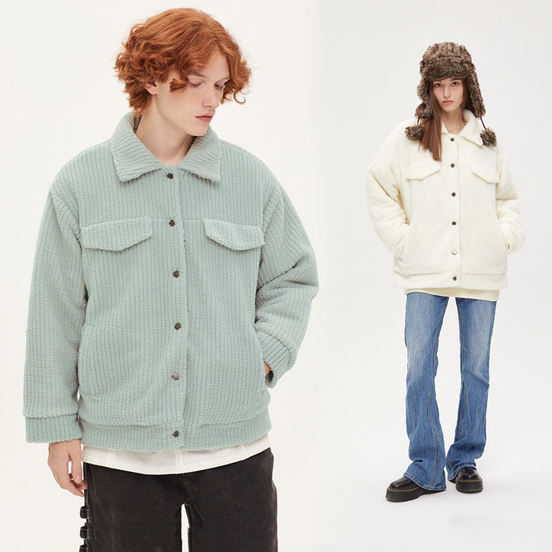 Vertical Striped Lamb Wool Cotton Coat With Solid Color Couple's Top