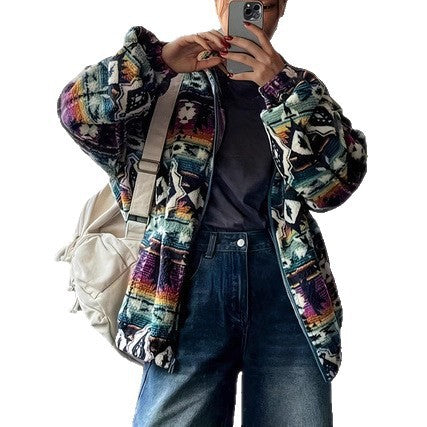 Ethnic-style Printed Fleece Zip-up Jacket For Warmth