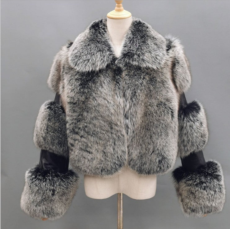 Women's Fur Stitching Lapel Artificial Fur Coat