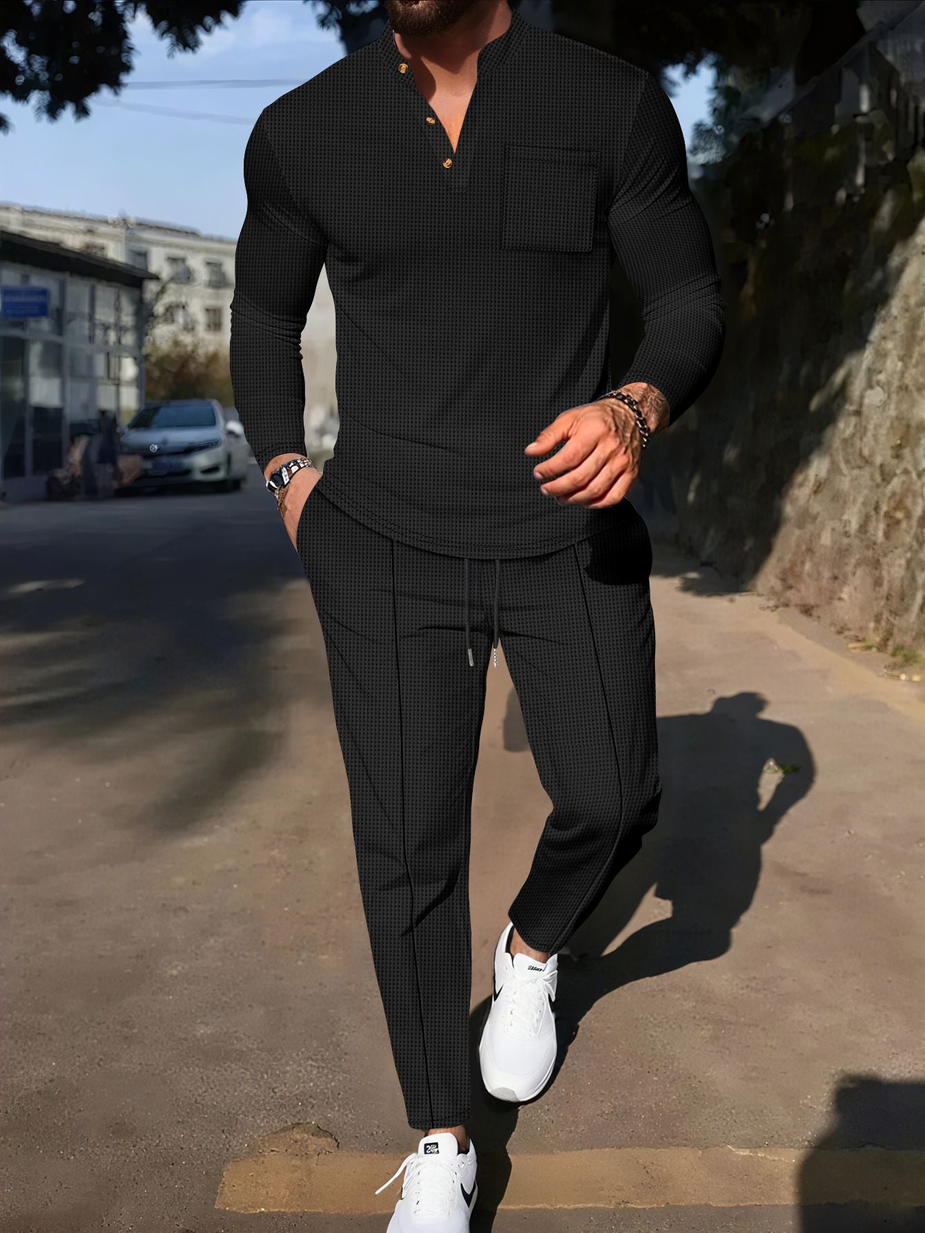 Men's Waffle Henley Neck Pants Long Sleeve T-Shirt Casual Set