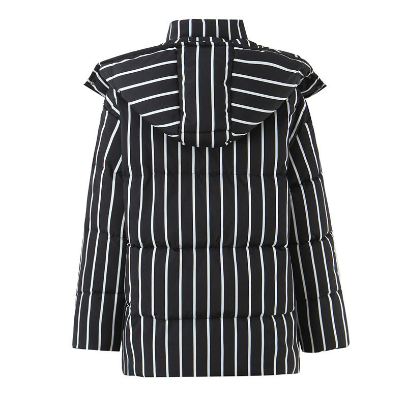 Women's Black Striped Hooded Cotton Coat