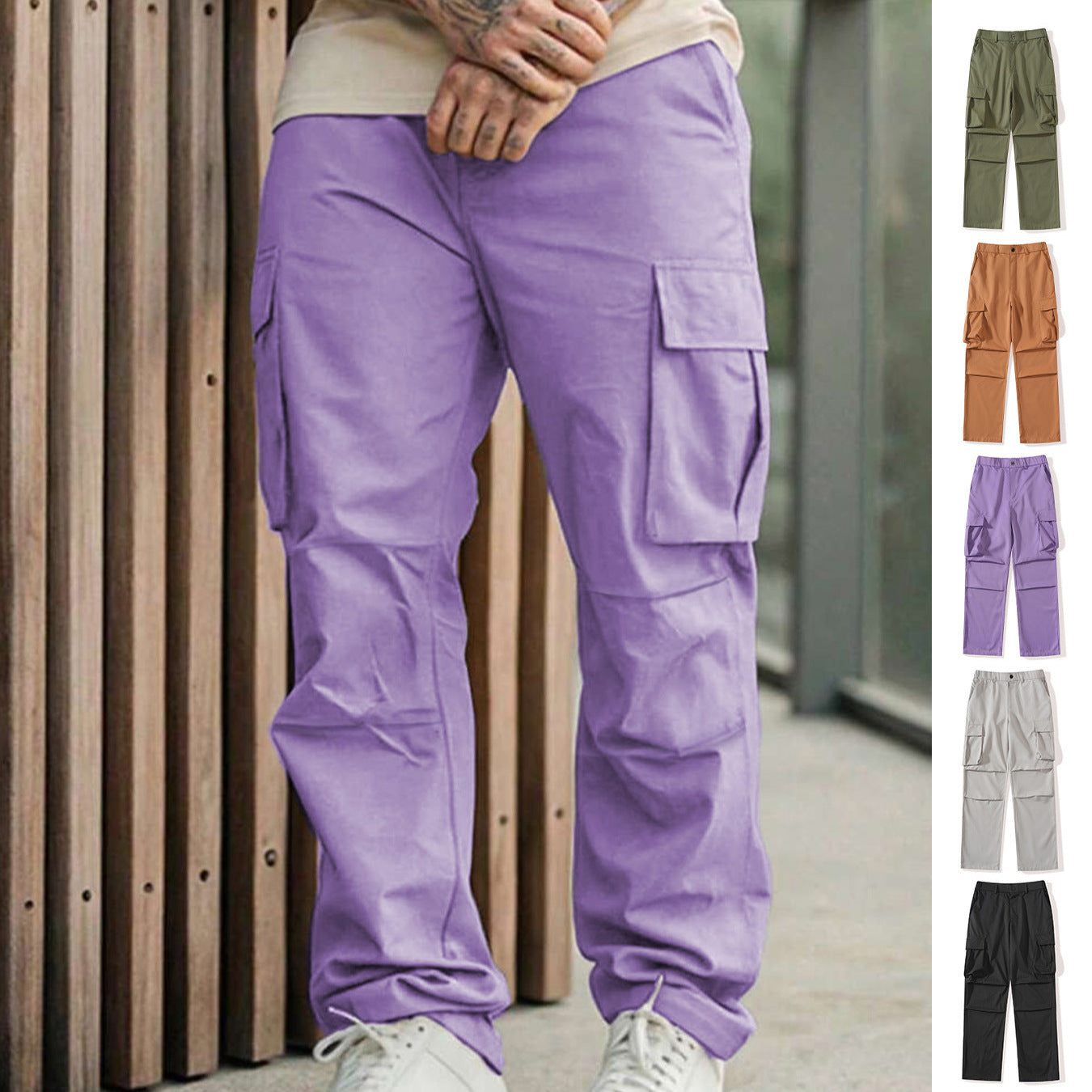 Solid-color Men's Sporty-casual Work Trousers With A Multi-pocket Design