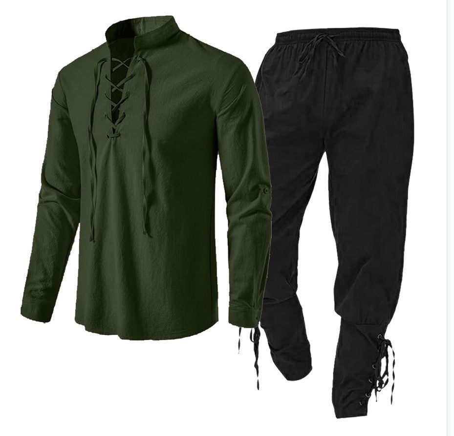 Men's Long Sleeve Linen Cotton Shirt Casual Solid Color Two-Piece Set