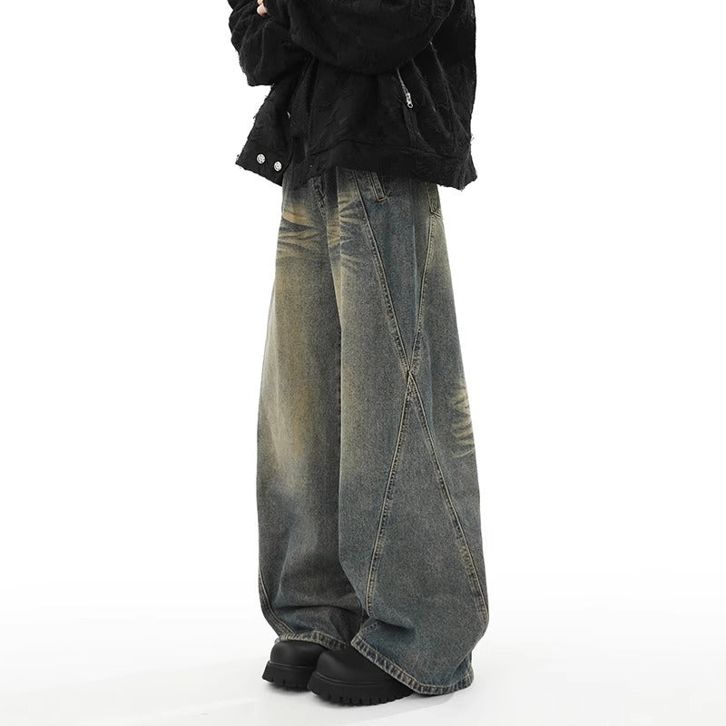 Washed Distressed Stitching Jeans Men's Straight Loose Wide-leg Pants