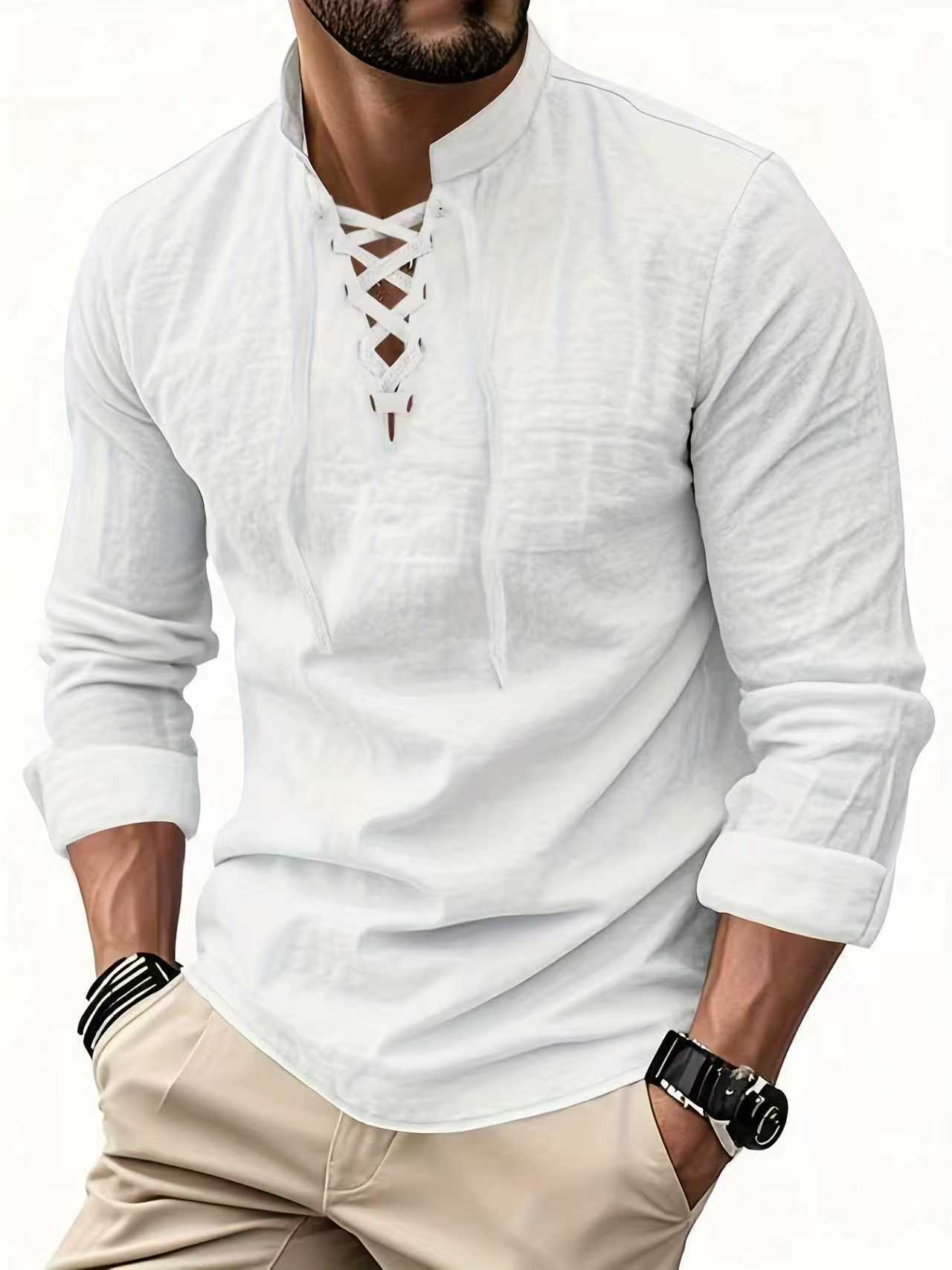 Long-sleeve Cotton-linen Open-chest Drawstring Shirt Men's Shirt Polo Shirt