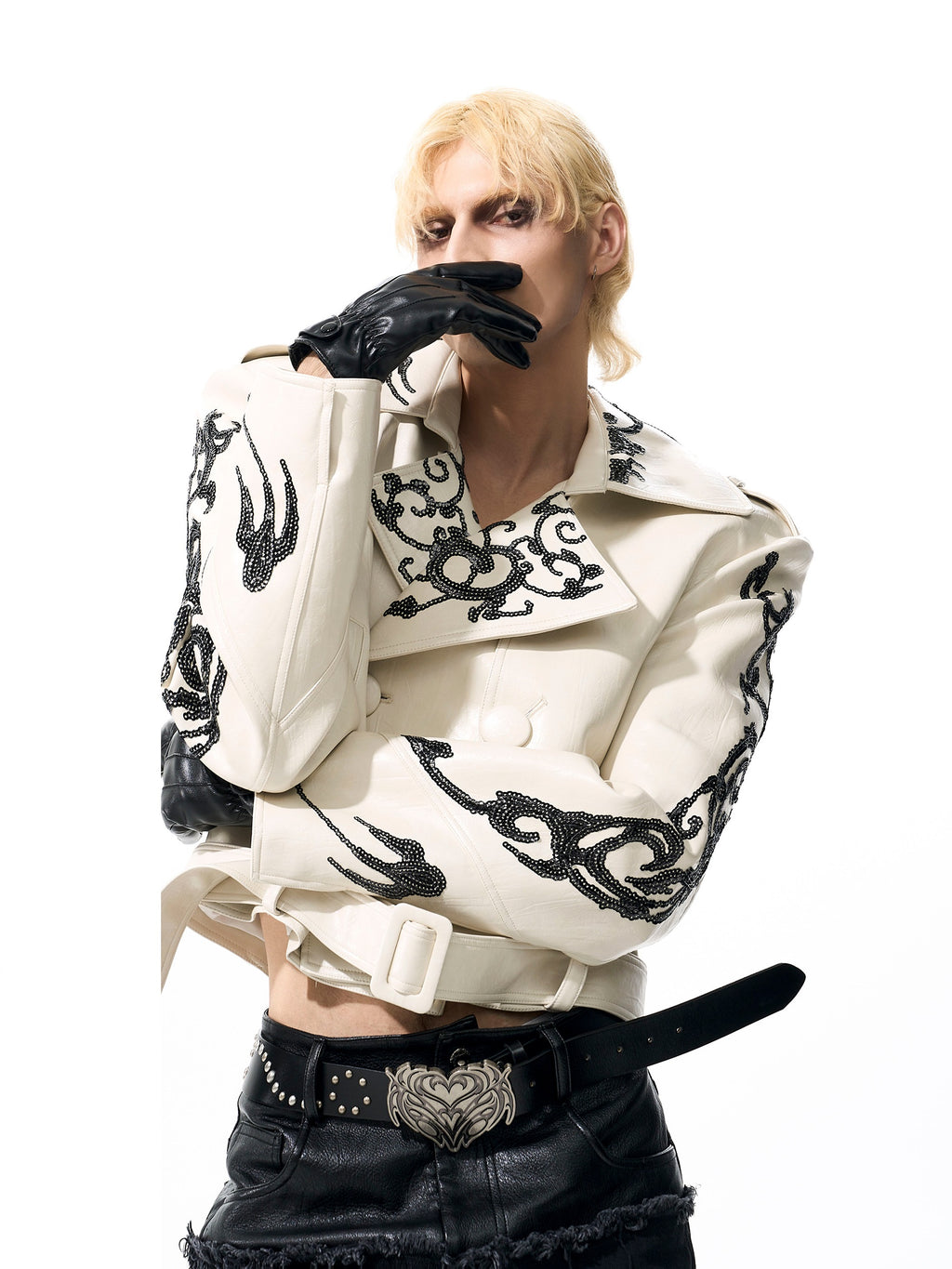 Lapel Pu Handsome Sequins Cropped Leather Coat Men