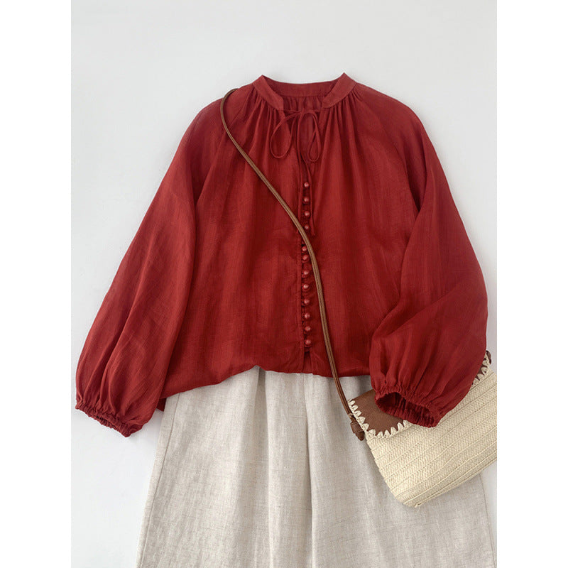 Women's Loose Cotton And Linen Single Row Button Tied Shirt