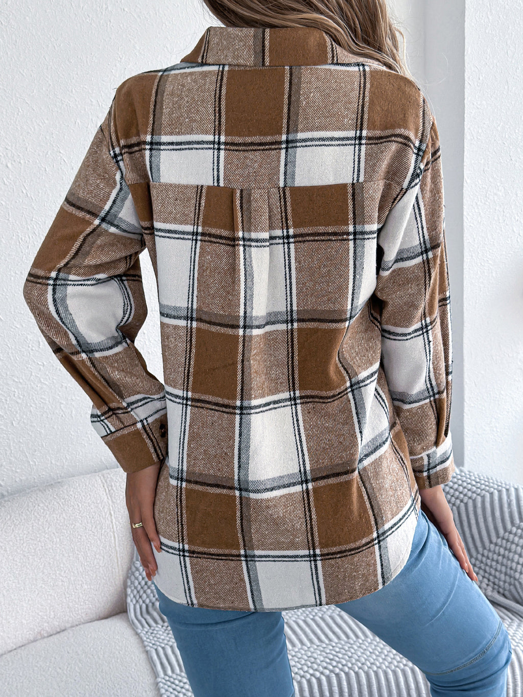 Women's Casual Plaid Fake Pocket Long Sleeve Tweed Mid-Length Coat