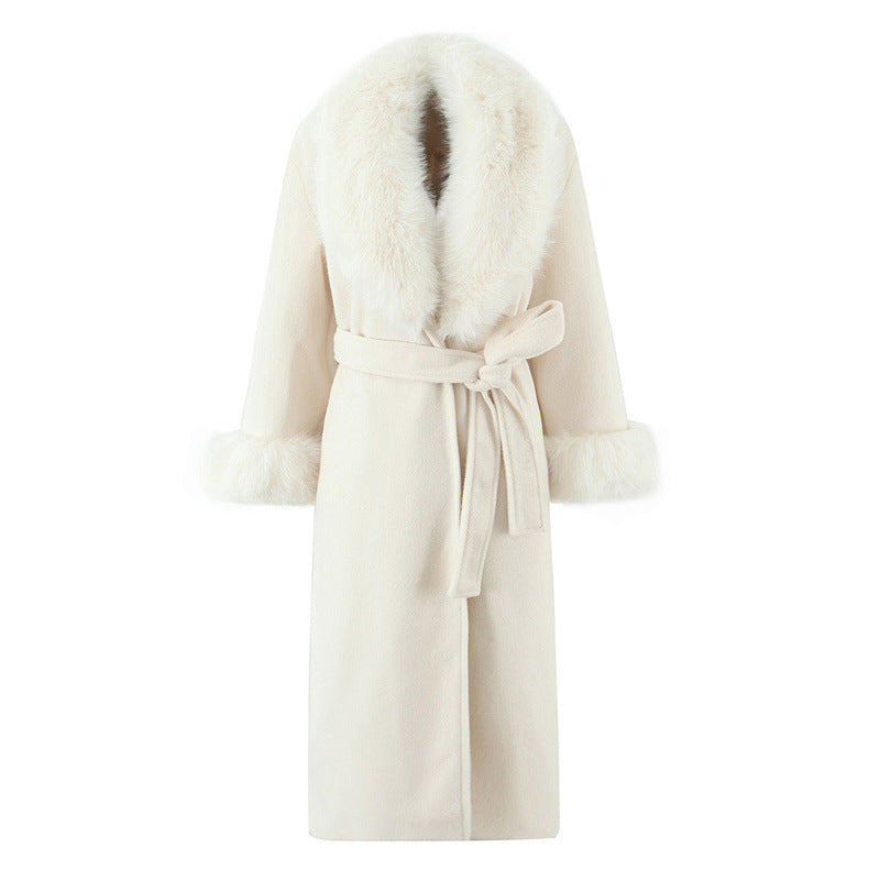 Women's Clothing Big Fur Collar Belt White Woolen Long-cut Coat