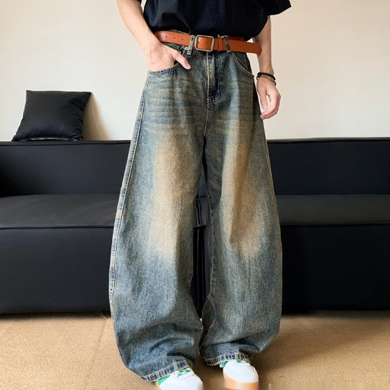 Summer American Retro Distressed Machete Denim Slimming Wide-leg Pants For Men