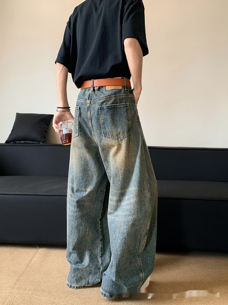 Summer American Retro Distressed Machete Denim Slimming Wide-leg Pants For Men